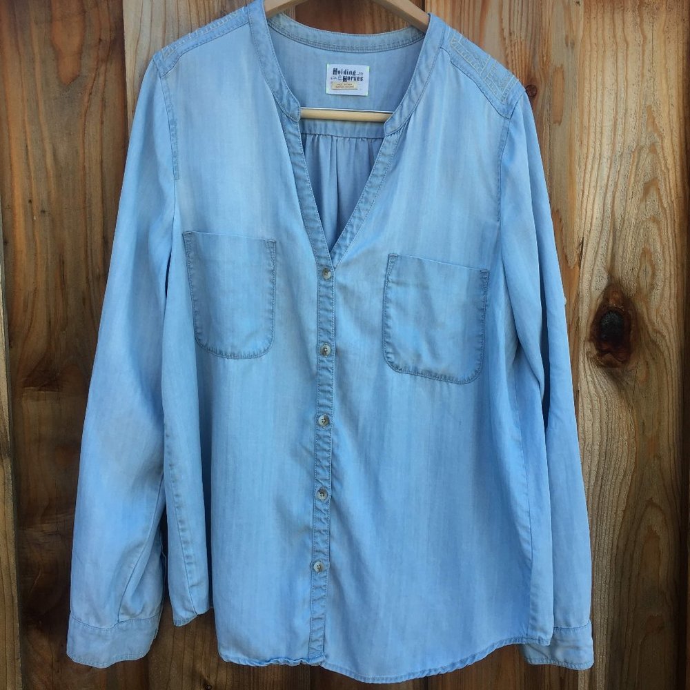 Holding Horses Embroidered Light Blue
